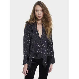 The Kooples Heart Print Tie Neck Blouse Size 0 (US XS 2) Black Sheer V-Neck NWT